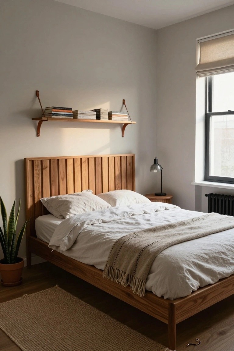 Bedroom with wooden bed frame and slatted oak headboard, white rumpled bedding and throw blanket, floating leather-strap bookshelves above, snake plant in terracotta pot, bedside lamp on round table, beige rug on wood floor, near window and radiator.