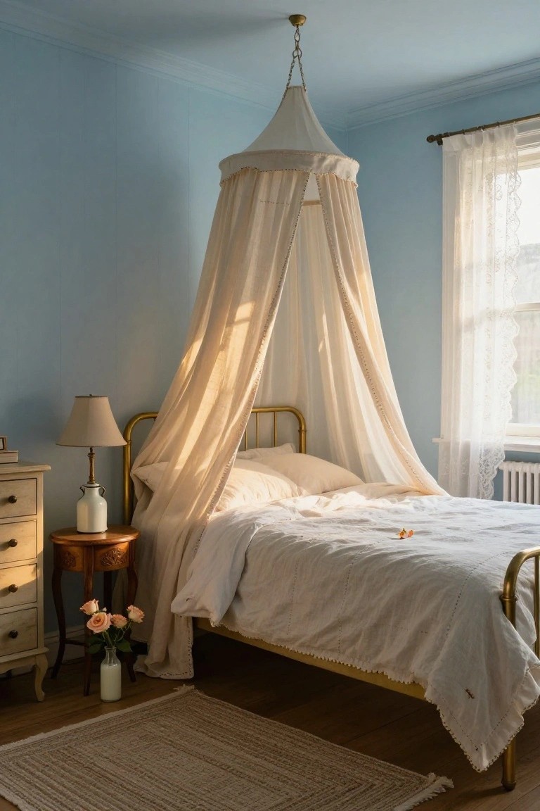 A bedroom with light blue walls, a gold metal bed frame draped in sheer white canopy fabric, white linens on the bed, a side table holding pink roses in a milk bottle and a lamp, a dresser, and lace curtains at the window.