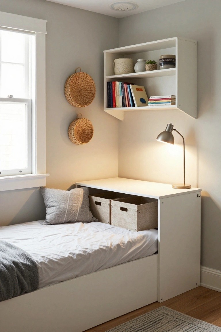 Small bedroom corner with white L-shaped furniture unit featuring platform bed, desk top, open storage bins underneath, floating shelf with books and plants above, desk lamp, gray pillow on bed, against light gray walls and hardwood floor.