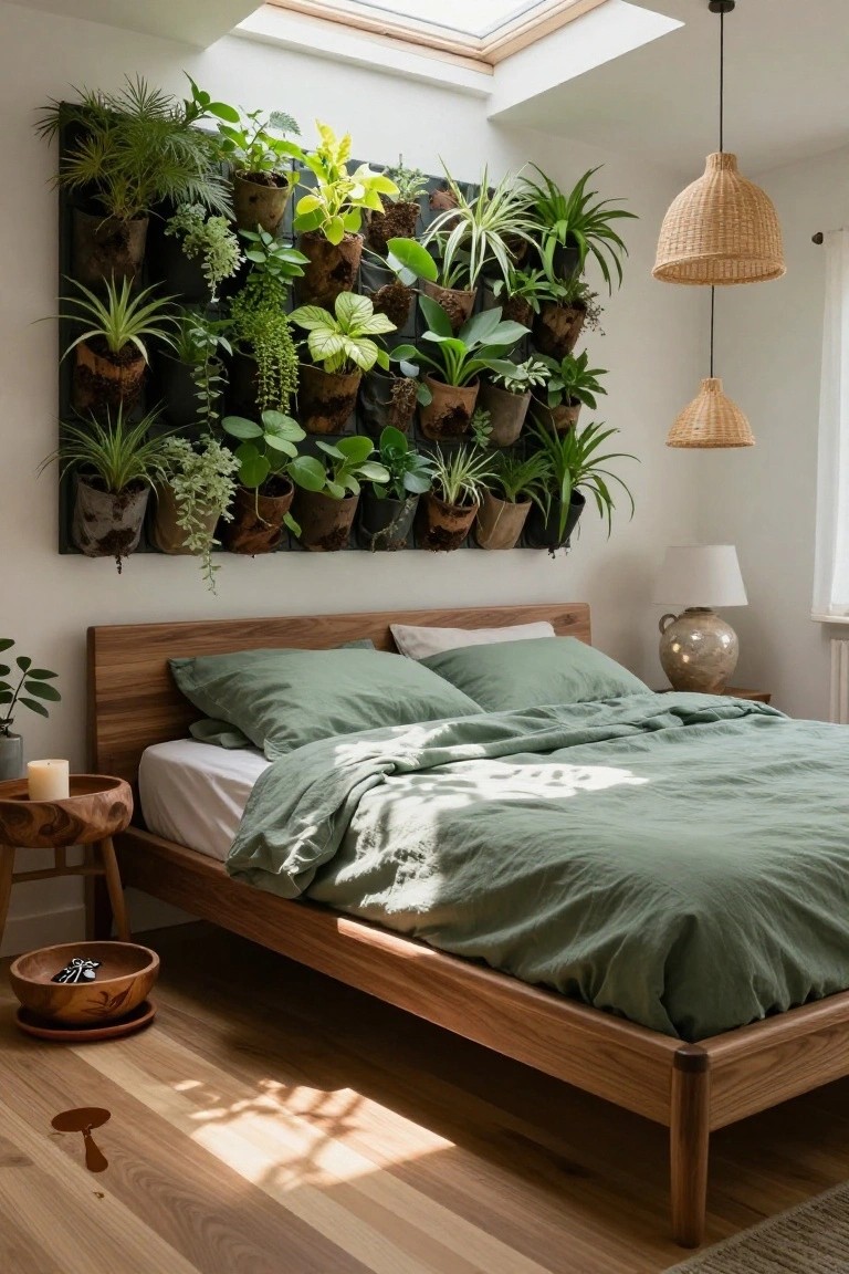 Bedroom interior with a large vertical wall of potted green plants behind a low wooden bed dressed in sage green linens, rattan pendant lights overhead, skylight in the ceiling, and wooden side table.