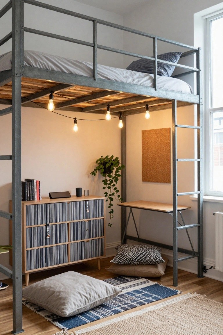 A small bedroom with a gray metal loft bed holding white bedding and pillows, string lights underneath, a wooden desk on metal legs, a tall dresser with records, a potted plant, corkboard on white walls, floor pillows, and rugs on hardwood floors.