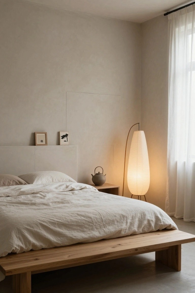 A minimalist bedroom with beige textured walls, a low wooden platform bed covered in white linens, a tall curved paper floor lamp, a small wooden side table holding a ceramic teapot, framed art on the wall, and sheer curtains over a window.