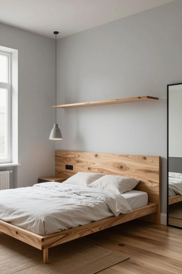A minimalist bedroom with light gray walls, a low platform bed made of natural wood with visible grain on the headboard and frame, white linen bedding, small wooden nightstand, gray pendant light, floating wooden shelf, and black-framed mirror.