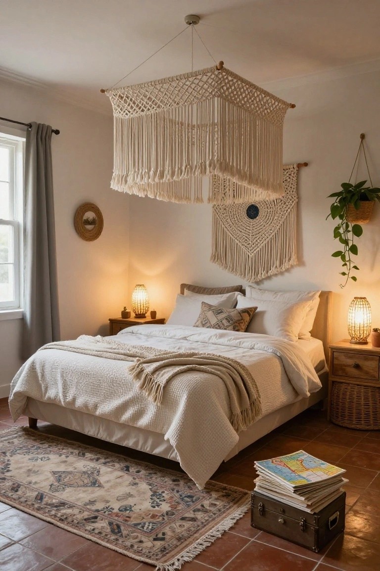 A bedroom with a large white macramé hanging lampshade suspended above a white bed with beige pillows and throw, wooden nightstands holding rattan lamps, macramé wall hangings, a hanging plant, and a stack of maps next to a suitcase on terracotta tiles.