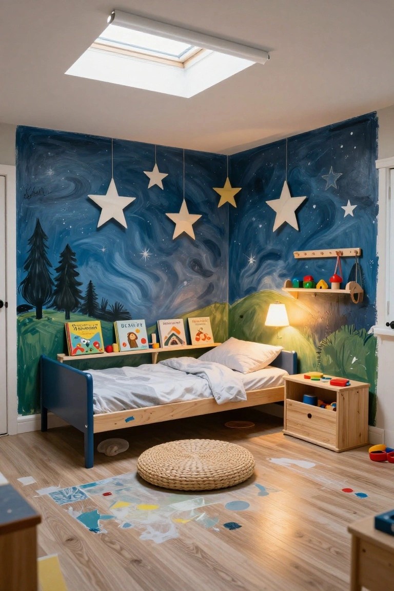 Child's bedroom corner featuring navy walls hand-painted with a starry night sky, pine trees, green hills, wooden hanging stars, blue bed frame with white bedding, wooden shelves holding books and toys, lamp, pouf on wood floor.