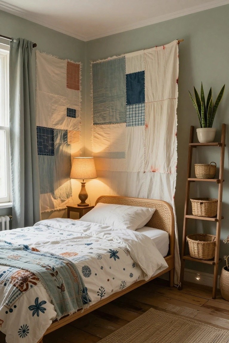 Bedroom corner with rattan bed draped in white bedding and blue floral quilt, large patchwork fabric panels in blues and whites hanging on walls, bedside lamp on wooden table, wooden ladder shelf with baskets and snake plant.