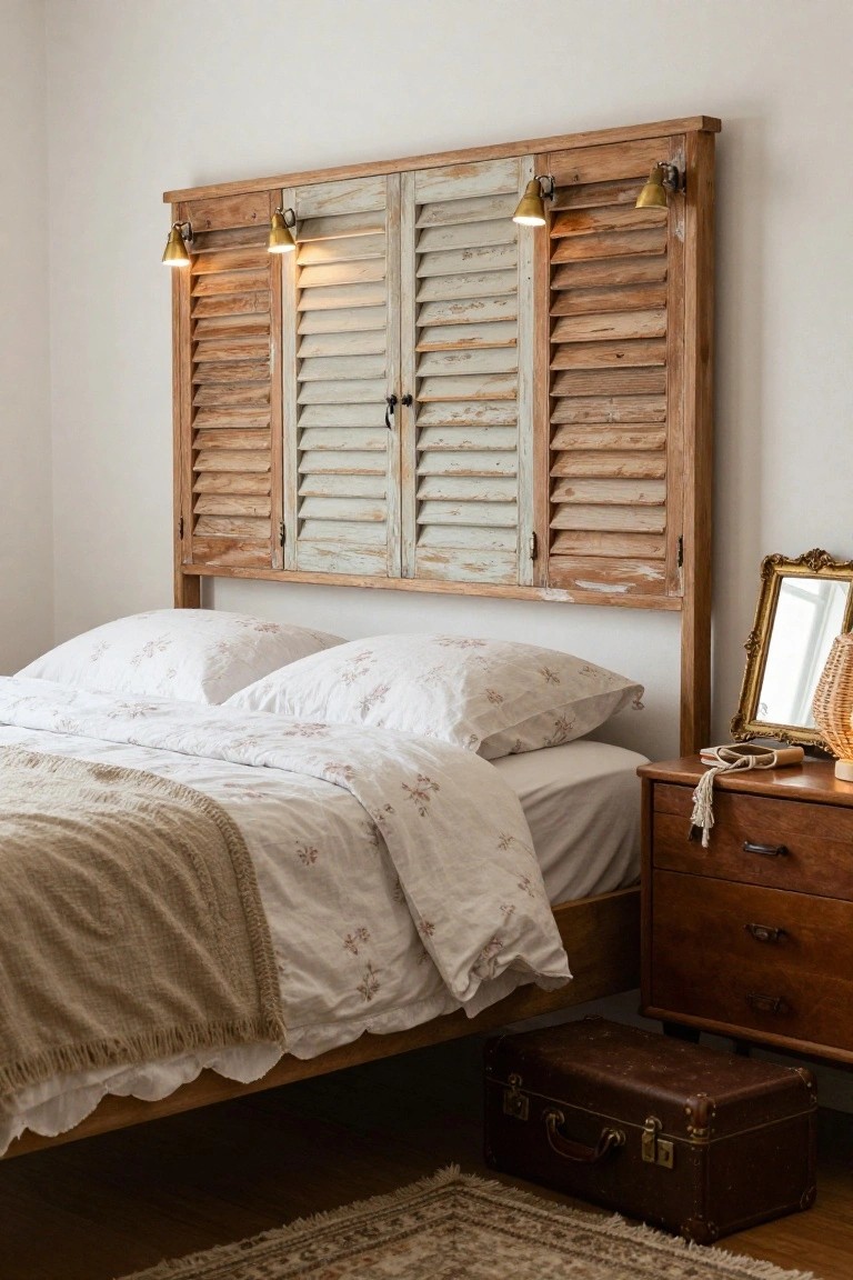 Bedroom with a headboard constructed from mismatched wooden shutters in white and natural finishes, flanked by brass wall sconces, a bed with white floral duvet and pillows, wooden nightstand, ornate mirror, and vintage suitcase on the floor beside a woven rug.