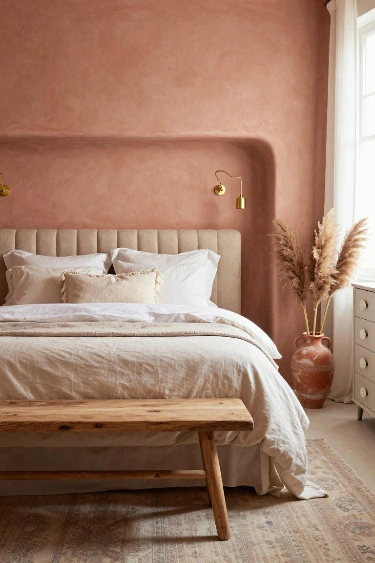 Bedroom interior with terracotta textured plaster walls featuring an arched niche and gold sconces, beige tufted headboard, white and cream linens on the bed, pampas grass in a terracotta vase, wooden bench at the foot, and white dresser next to a window.