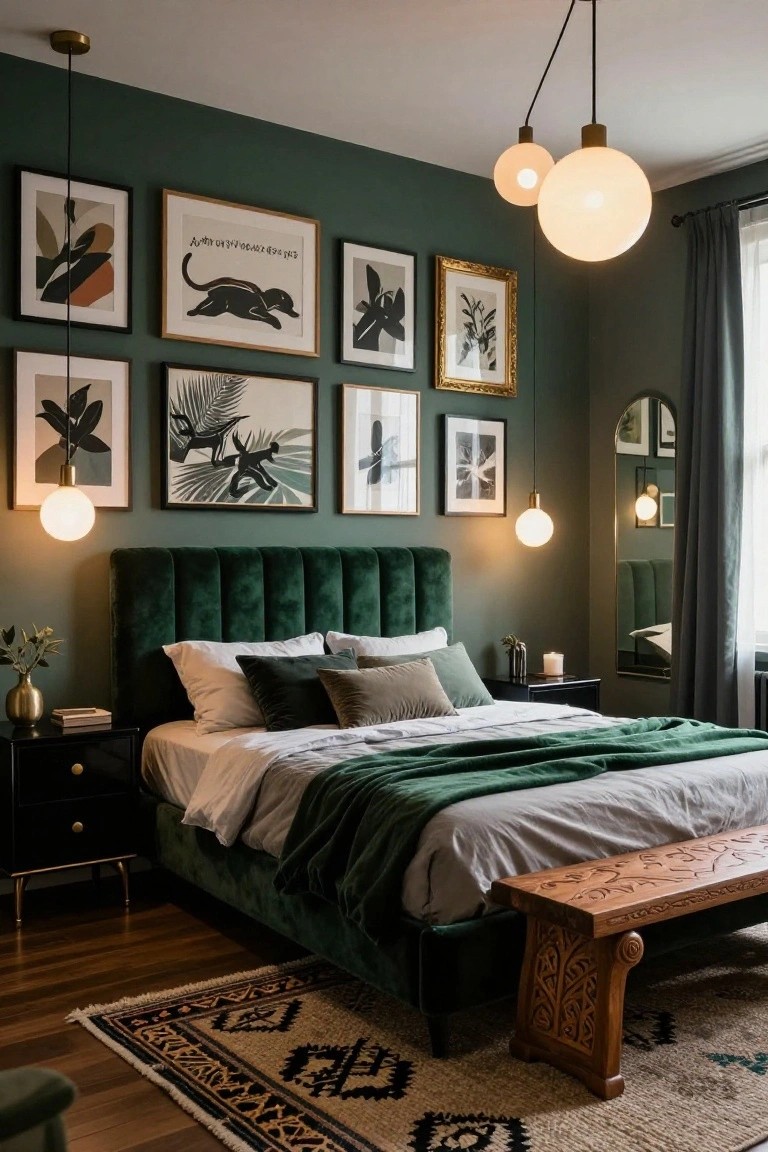 Bedroom with deep green walls, tufted emerald green velvet headboard on a bed with white sheets and green throw, gallery wall of abstract art prints, black nightstands, wooden bench, and pendant lights.