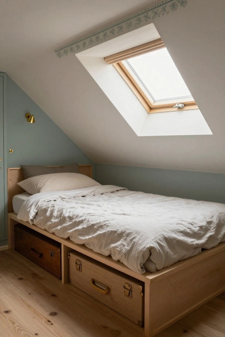 Attic bedroom with wooden platform bed featuring two trunk-style storage drawers underneath, sloped light green wall, skylight overhead, wall lamp, and light wood flooring.