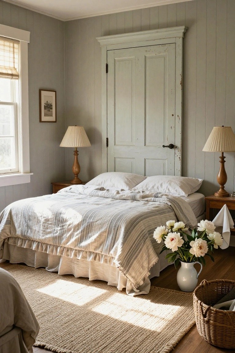 A cozy bedroom featuring a tall weathered green wooden door as headboard behind a bed with white linen sheets and pillows, wooden lamps on nightstands, gray shiplap walls, a window with bamboo shade, and a seagrass rug on hardwood floor.