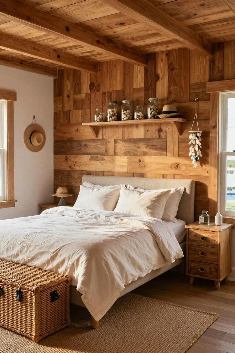 Bedroom with vertical wooden plank walls and ceiling beams, white duvet on bed, wooden nightstand and bench, shelves holding jars shells and hats, beside two windows.