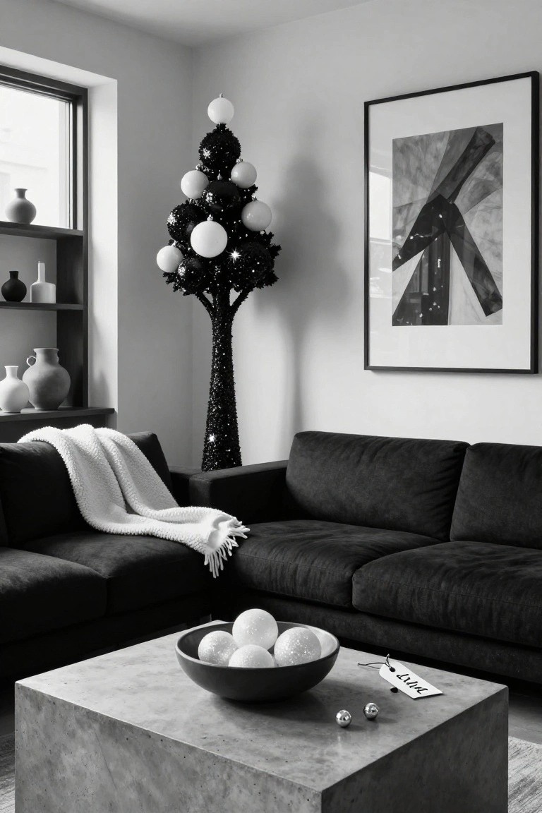 Black and white living room corner with tall black glitter Christmas tree, black velvet sofa draped with white blanket, concrete coffee table holding bowl of white glitter balls, shelves with vases, and large abstract artwork on wall.