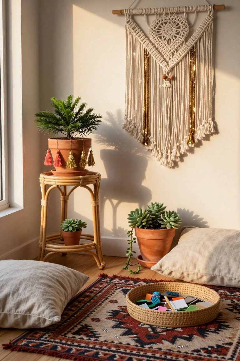 Indoor corner featuring a large beige and gold macrame wall hanging, rattan plant stand with potted ferns and succulents including tassel-adorned terracotta pots, floor pillows, woven rug, and round rattan tray on the floor holding colorful craft pieces.