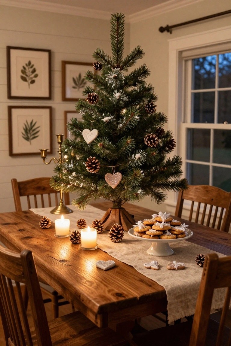 Small flocked Christmas tree on wooden dining table with pinecones, white heart ornaments, candles, gingerbread cookies on a plate, and wooden chairs in cozy room.
