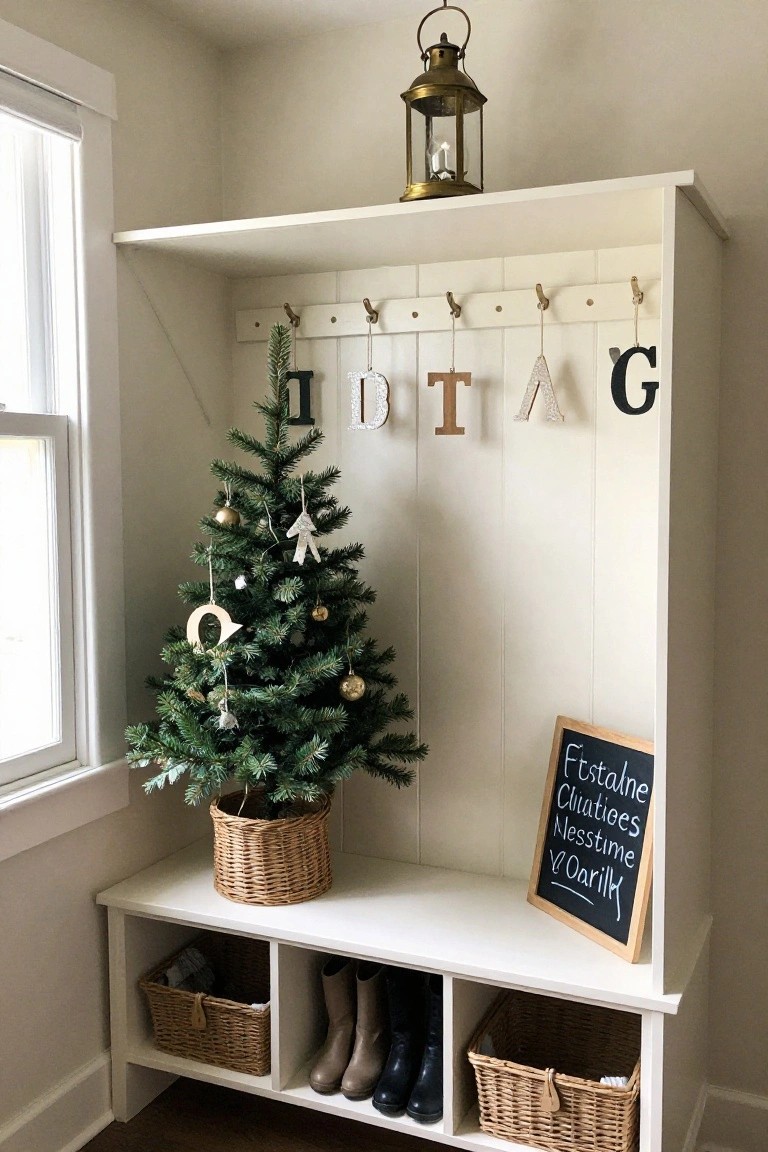White wooden coat rack and bench unit in a light entryway with hooks, a small potted Christmas tree decorated with gold balls and wood ornaments, tall boots in cubbies, woven baskets, and a chalkboard sign leaning against it.