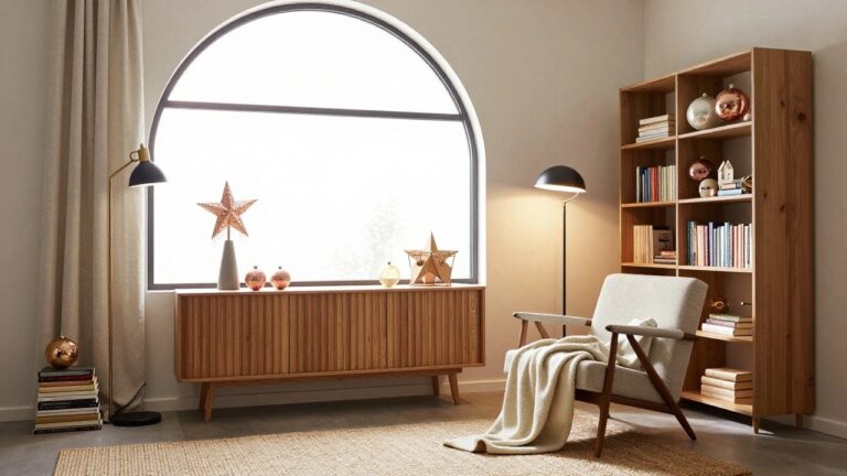 Living room corner with arched window, Christmas tree decorated in rose gold metallic ornaments and lights, wooden credenza with books, beige armchair with knit throw, gift basket on jute rug, and black floor lamp.