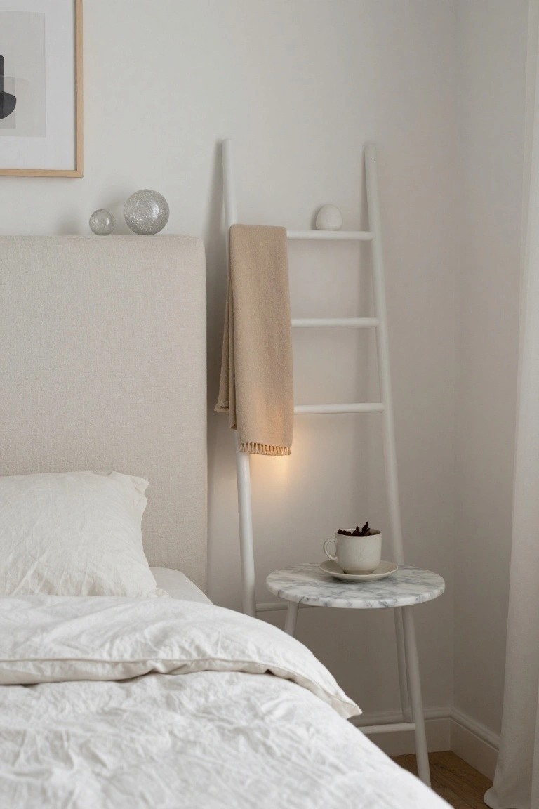 White ladder shelf beside a beige upholstered bed headboard, holding two glass orbs and a beige towel, next to a round marble nightstand with a coffee cup and saucer in a white bedroom corner.