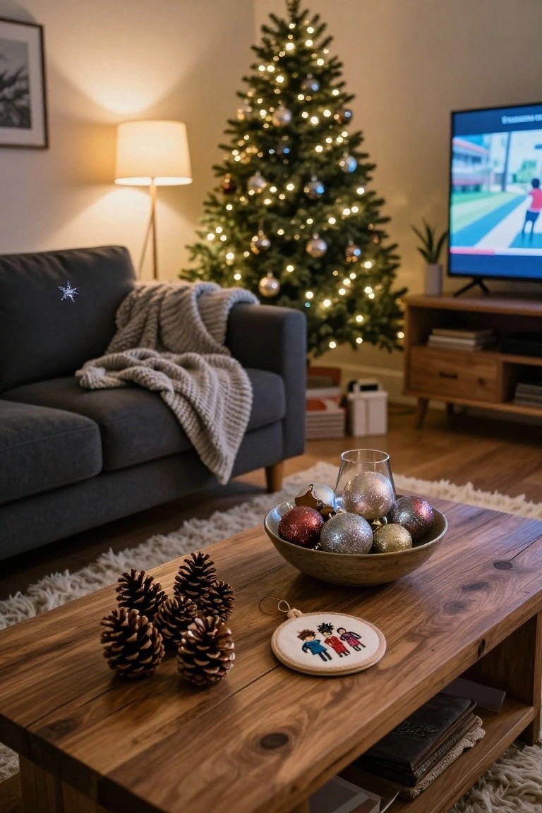 Cozy living room with lit Christmas tree, gray sofa with knit throw, lamp, television, media console, and wooden coffee table holding bowl of assorted shiny ornaments, pinecones, and embroidered hanging disk.