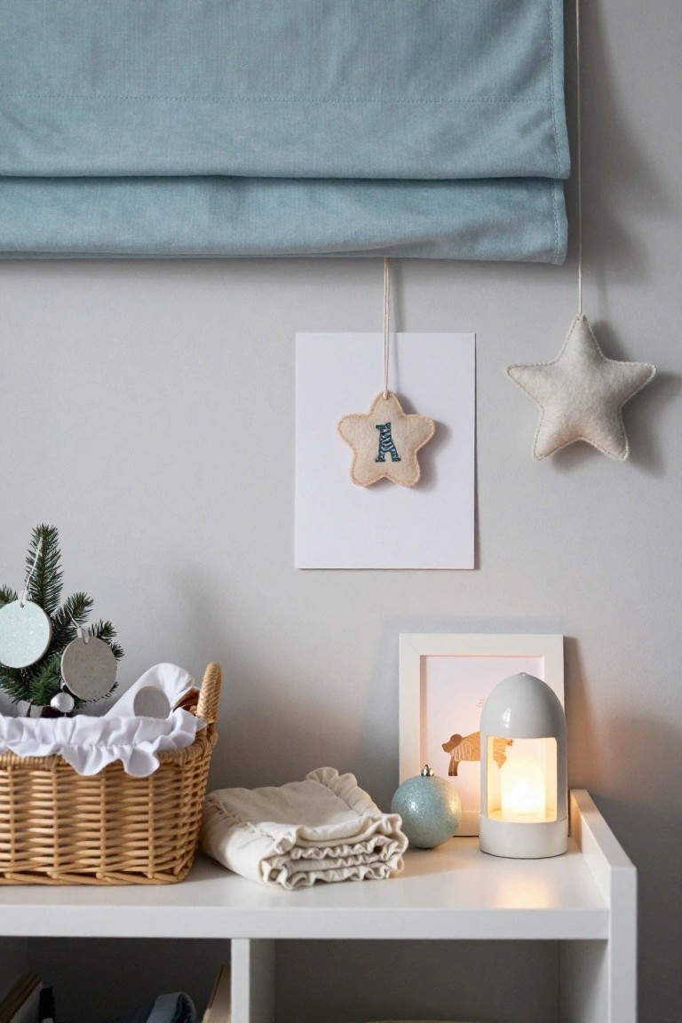 White shelving unit in a light gray nursery room displaying a rattan basket with Christmas ornaments and greenery, folded white fabrics, a white ceramic lamp with lit glow, and blue glass ball, next to blue roman blinds and hanging star decorations on the wall.