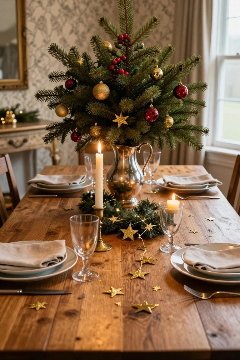 Wooden dining table set for two with a small decorated Christmas tree in a silver pitcher as centerpiece, white candles, glassware, plates with linen napkins, silverware, and scattered gold glitter stars on the surface.