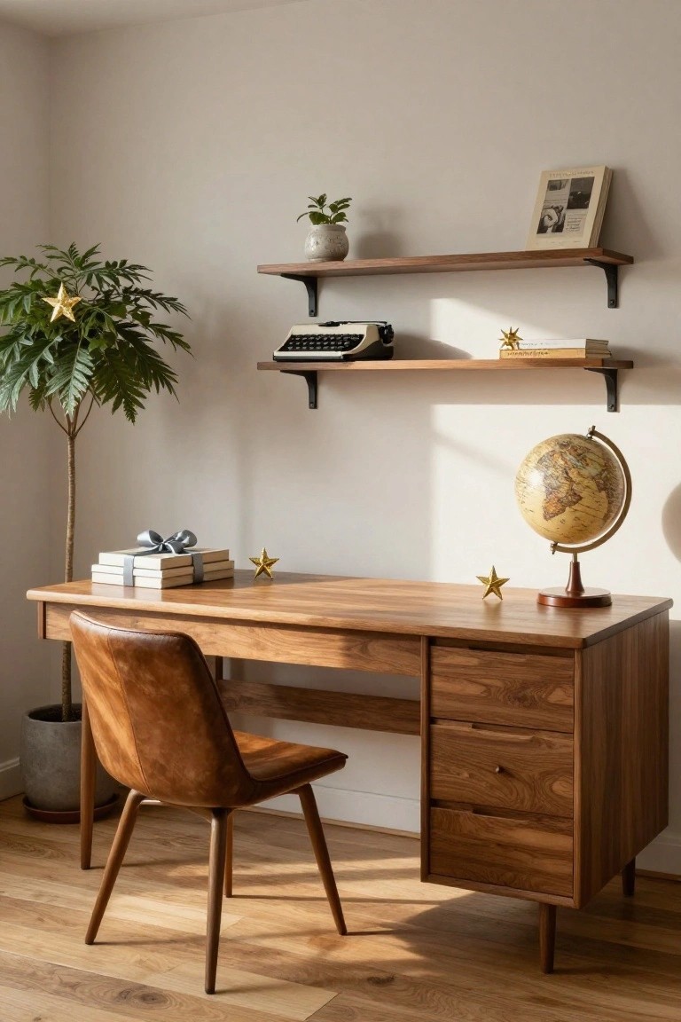 Wooden desk with leather chair in a light room, gold glitter star ornaments on desk and shelves, wrapped books, globe, plants, and typewriter on upper shelf.