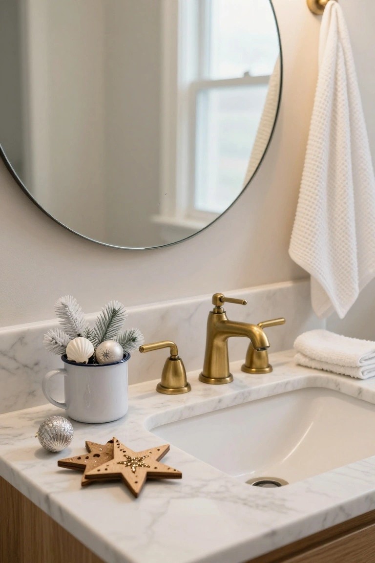 Bathroom vanity with white marble countertop, gold faucet and sink, round wall mirror, white towels, and Christmas decorations including a blue enamel mug with faux greenery and glitter ornaments, wooden stars, and a silver ball on the counter.