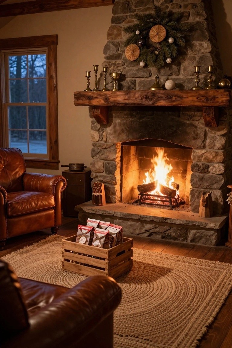 Warmly lit living room with stone fireplace featuring Christmas wreath with ornaments and wheat circles, brass candlesticks on wooden mantel, wooden crate of wrapped packages on jute rug in front, brown leather armchair nearby, and window showing winter trees outside.