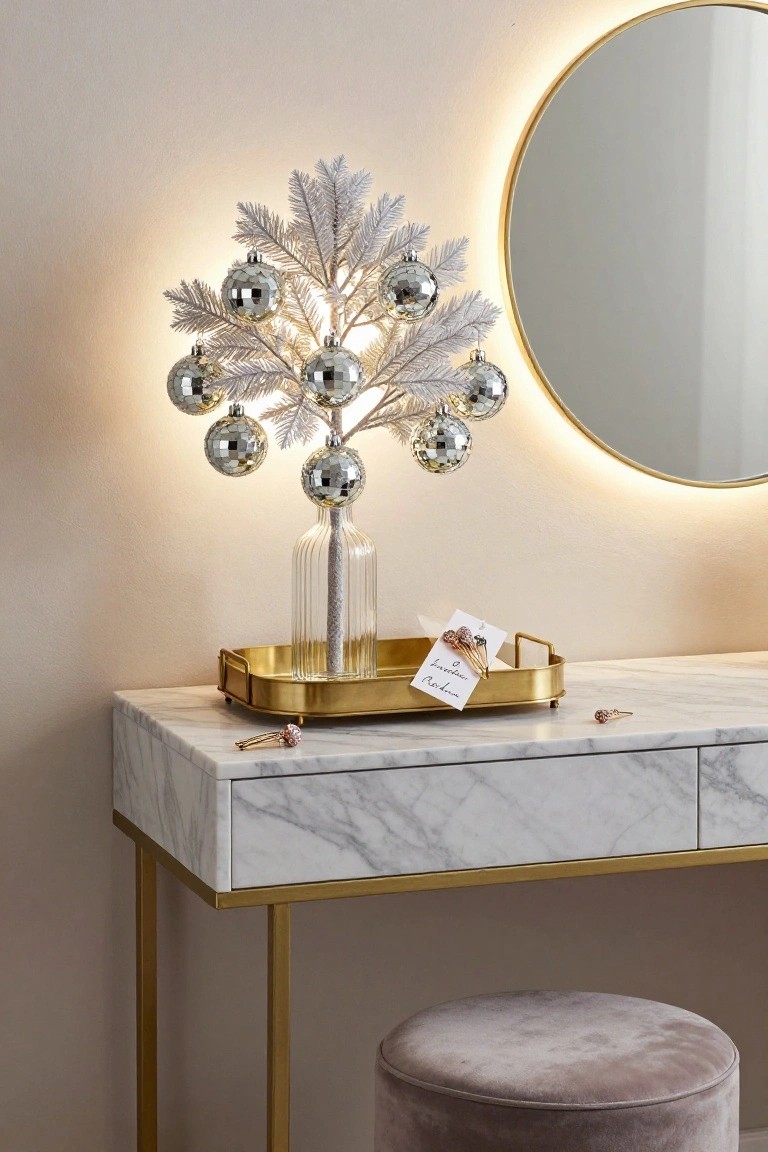 A lit artificial mini Christmas tree with silver glitter ball ornaments on a white feather branch stem in a clear glass bottle on a gold tray atop a white marble vanity table beside a round gold mirror and velvet stool.