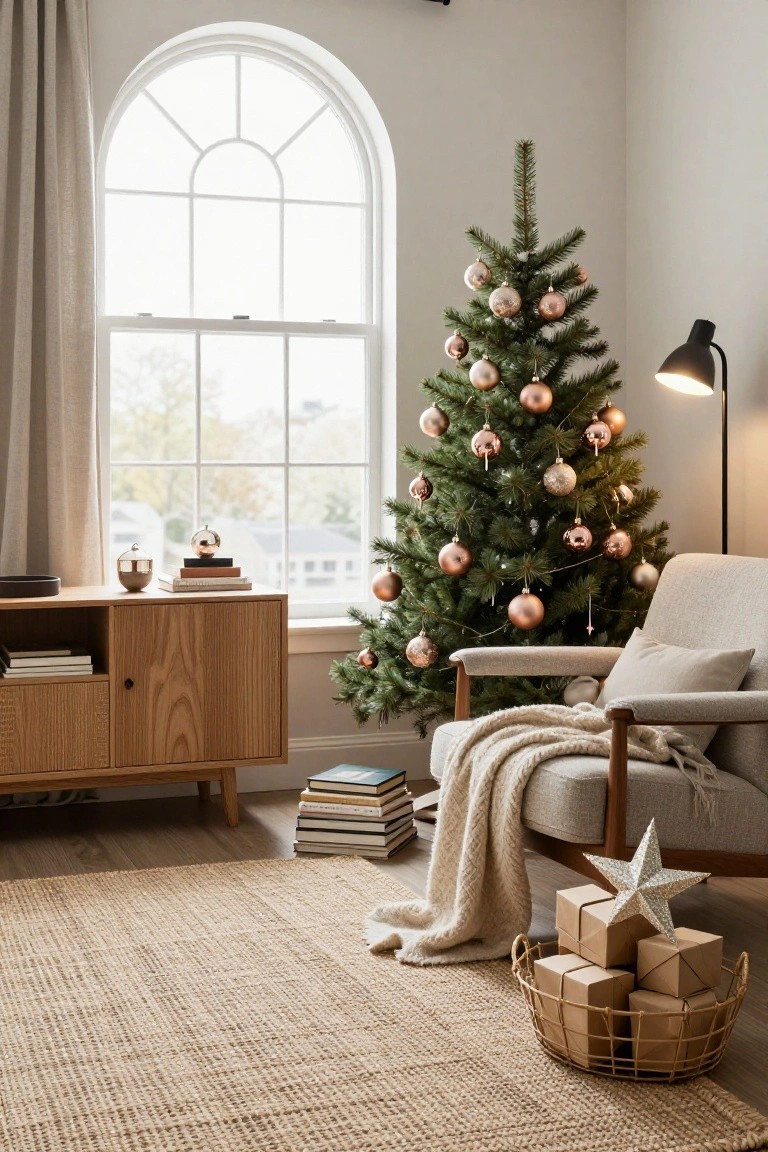 Living room corner with arched window, Christmas tree decorated in rose gold metallic ornaments and lights, wooden credenza with books, beige armchair with knit throw, gift basket on jute rug, and black floor lamp.