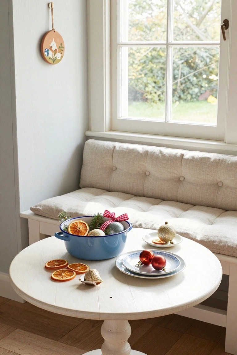 White round pedestal table beside a beige tufted bench under a window, with a blue enamel pot of oranges, pine branches, red ribbon, gold and red Christmas baubles, and plates on the table surface.