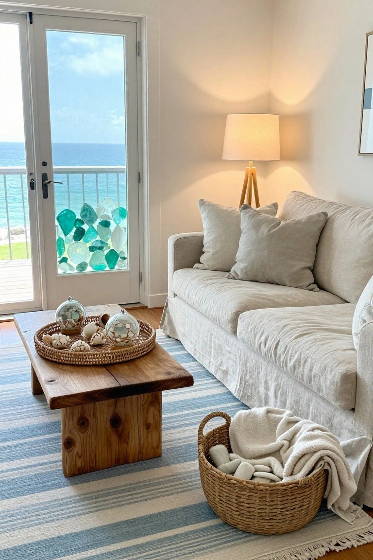 Cozy living room corner with beige linen sofa, wooden coffee table holding a rattan tray of clear glass orbs filled with shells and sea glass, tripod floor lamp, basket of white throws and stones, and balcony doors with sea glass clings overlooking ocean view.