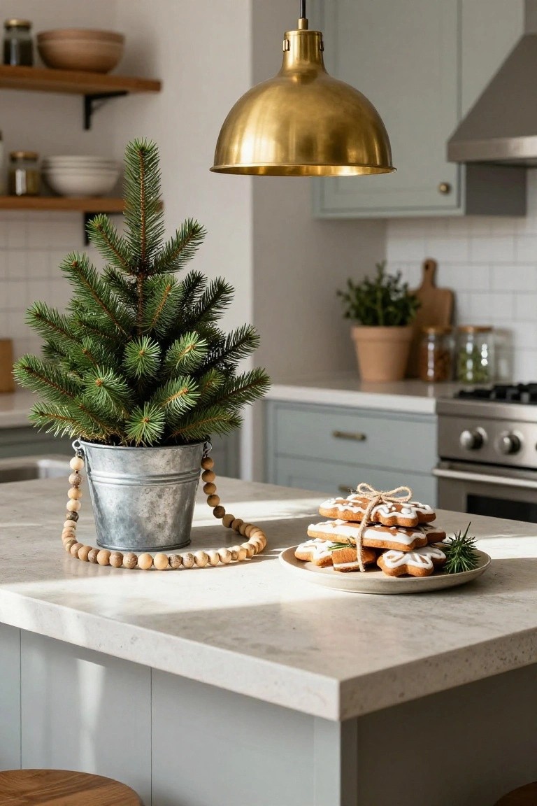 Small potted Christmas tree in a galvanized metal bucket with wooden beads around it on a white kitchen island next to a white plate of iced gingerbread cookies, with sage green cabinets, gold pendant light, and stainless steel appliances in the background.