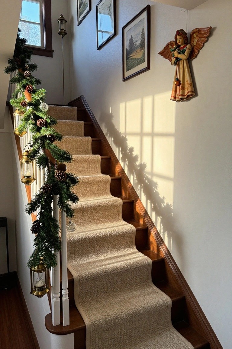 Wooden staircase with beige carpet runner, decorated with evergreen garland, pinecones, gold bells, lanterns, and glass ornaments draped along the white railing, next to wall art and an angel figurine.