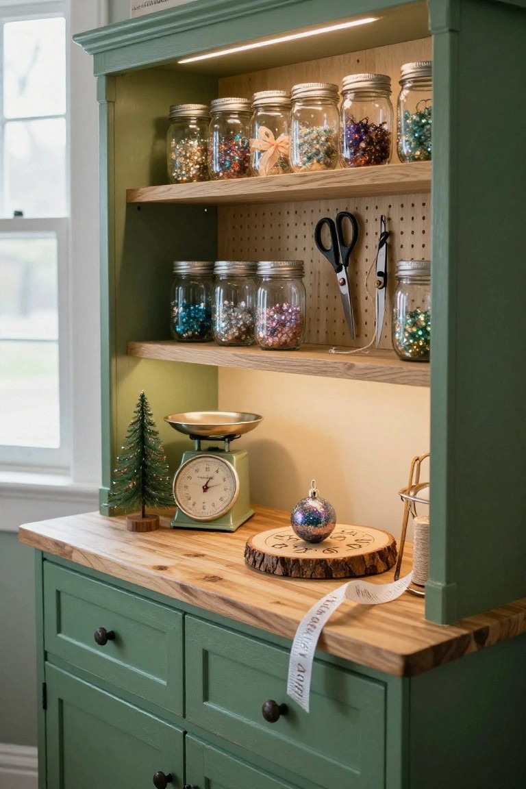 Sage green wooden hutch cabinet with oak shelves holding mason jars of colorful glitter and beads, pegboard panel with hanging scissors, butcher block countertop with vintage green scale, small Christmas tree, and iridescent ornament.