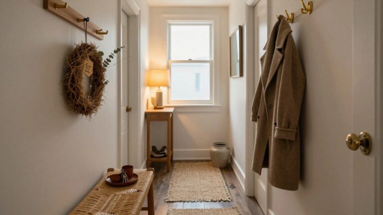 Light gray shiplap wall in entryway with brown leather tote bag and scarf on hook, seagrass basket on wooden bench, pair of black rain boots on floor, and gold round mirror encircled by small green Christmas wreath hung on hooks.