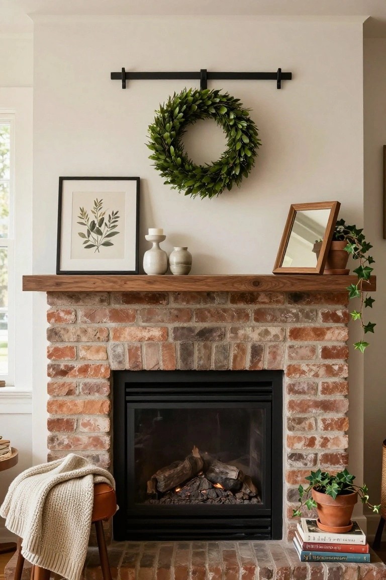 A small wreath of dried orange slices, pinecones, and twigs hangs on white subway tile in a modern kitchen near the sink, with two blue-rimmed white mugs on the quartz countertop, a potted rosemary plant, and a glass jar of spices nearby.