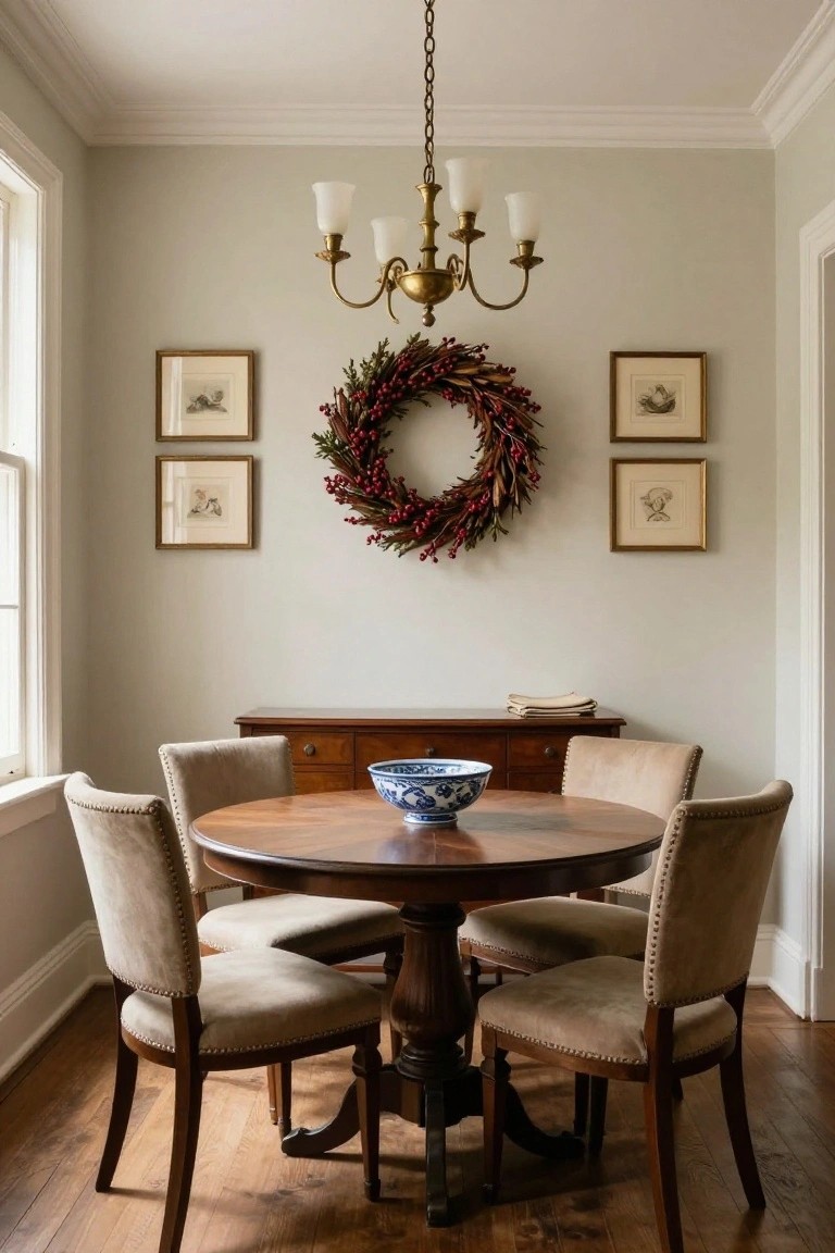 Green paneled interior door with built-in niche shelf holding three glass jars of spices, small wheat wreath with cinnamon sticks hanging below the shelf, and linen apron draped on the door.