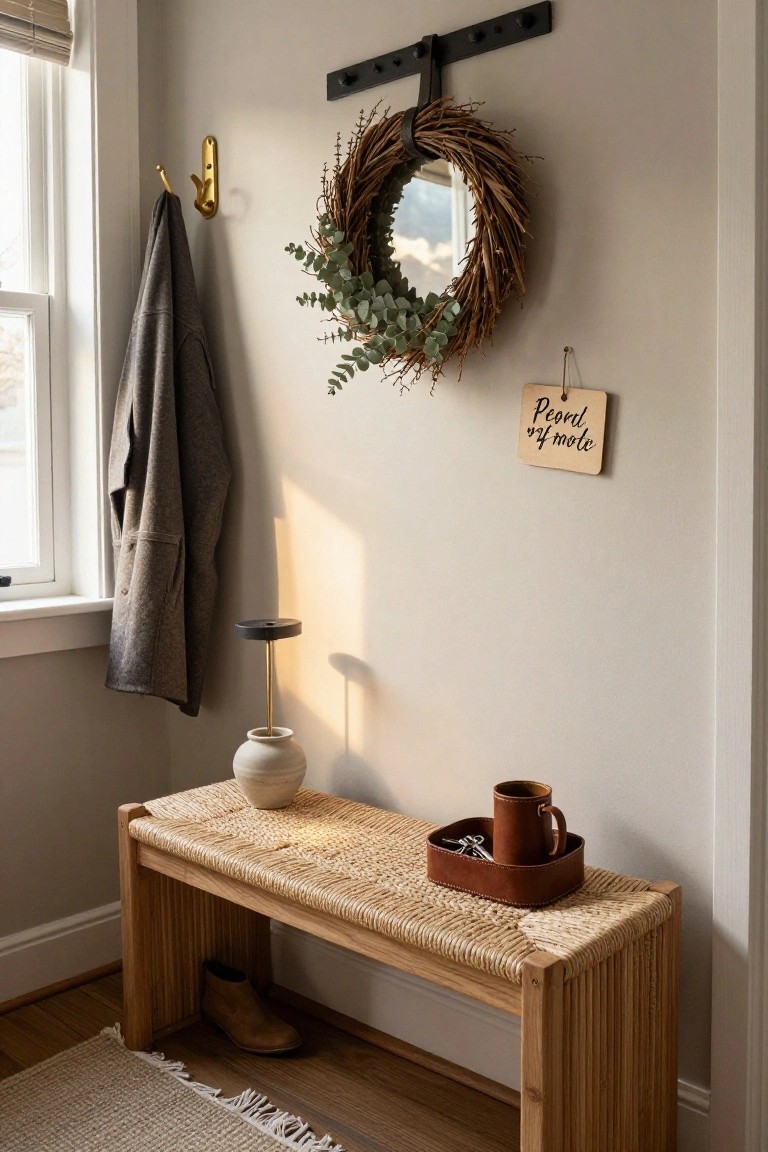 Light gray shiplap wall in entryway with brown leather tote bag and scarf on hook, seagrass basket on wooden bench, pair of black rain boots on floor, and gold round mirror encircled by small green Christmas wreath hung on hooks.