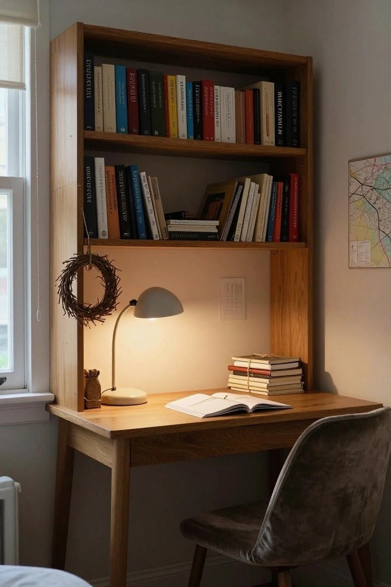 Wooden desk with open book, lit lamp, and bookshelves above.