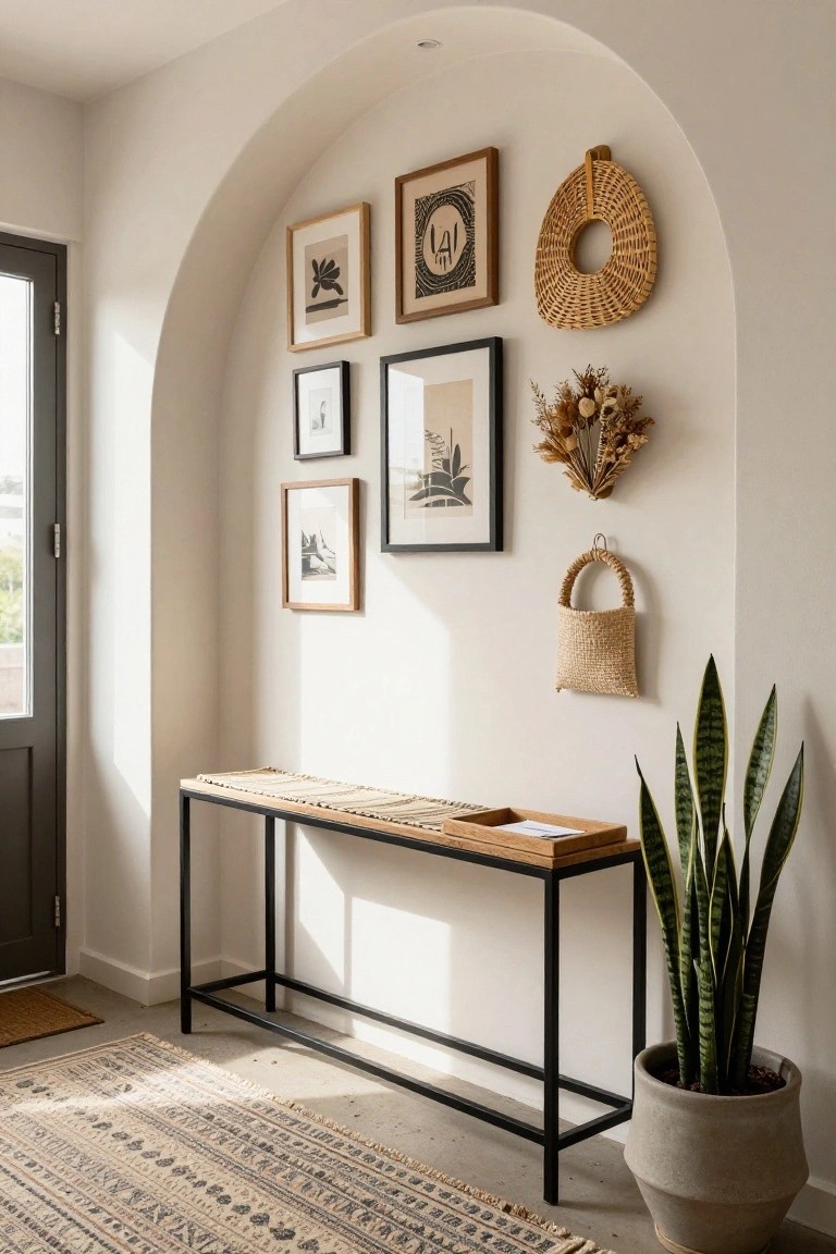 Round wooden dining table with rattan chairs, blue vase of dried flowers, macrame wall hanging with small wreath, and pendant light in a white-walled room with window.