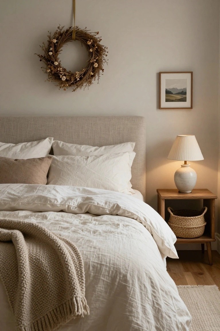 Cozy neutral living room corner with light gray walls, gallery of black and white framed art, round rattan mirror, woven wreath with greenery and berries, wooden credenza with plant, armchair with cream throw blanket, floor lamp, pouf ottoman with open book, and side table with fruit bowl.