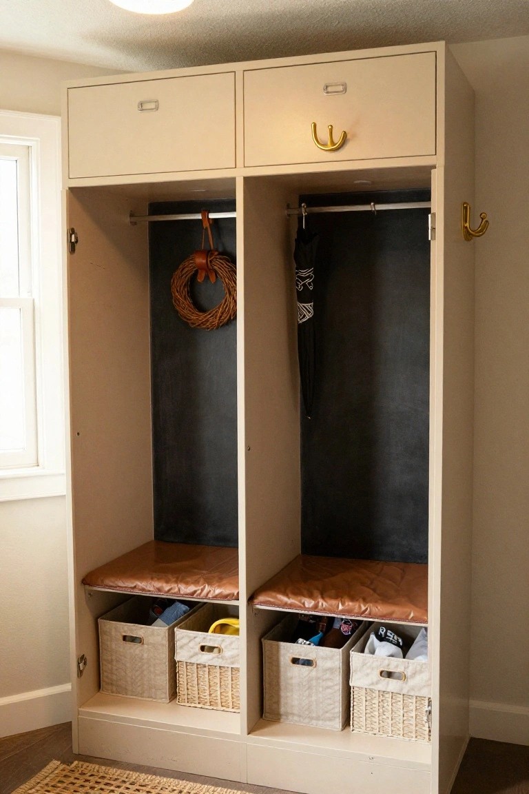 White built-in mudroom storage unit with three metal hooks, small wheat and pearl wreath hanging between hooks, chalkboard sign reading "Mamily Vodinsks Fammle", seagrass basket on floor, wooden bench with black sunglasses and pair of shoes in lower cubbies, white sneakers and black shoes on shelves.