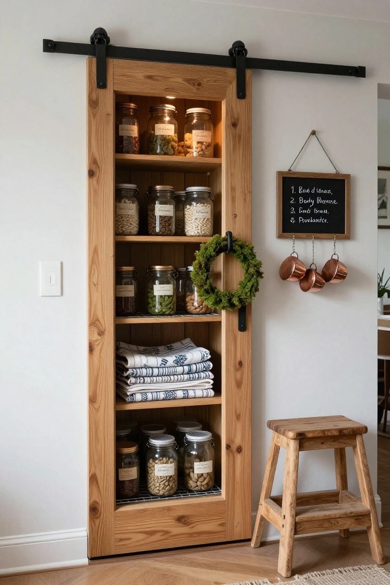 Kitchen corner with gray cabinets framing a multi-pane sash window, a small green holly wreath hanging from the center sash, plaid cushions on a built-in bench seat below, potted white amaryllis on the wood counter, and rural fields visible outside.