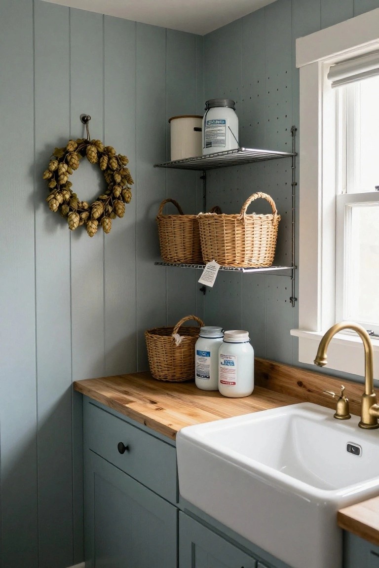 Corner home workspace with light gray desk, rattan chair, gold gooseneck lamp, cork bulletin board, potted plants, and open white shelves holding books and a small green wreath.