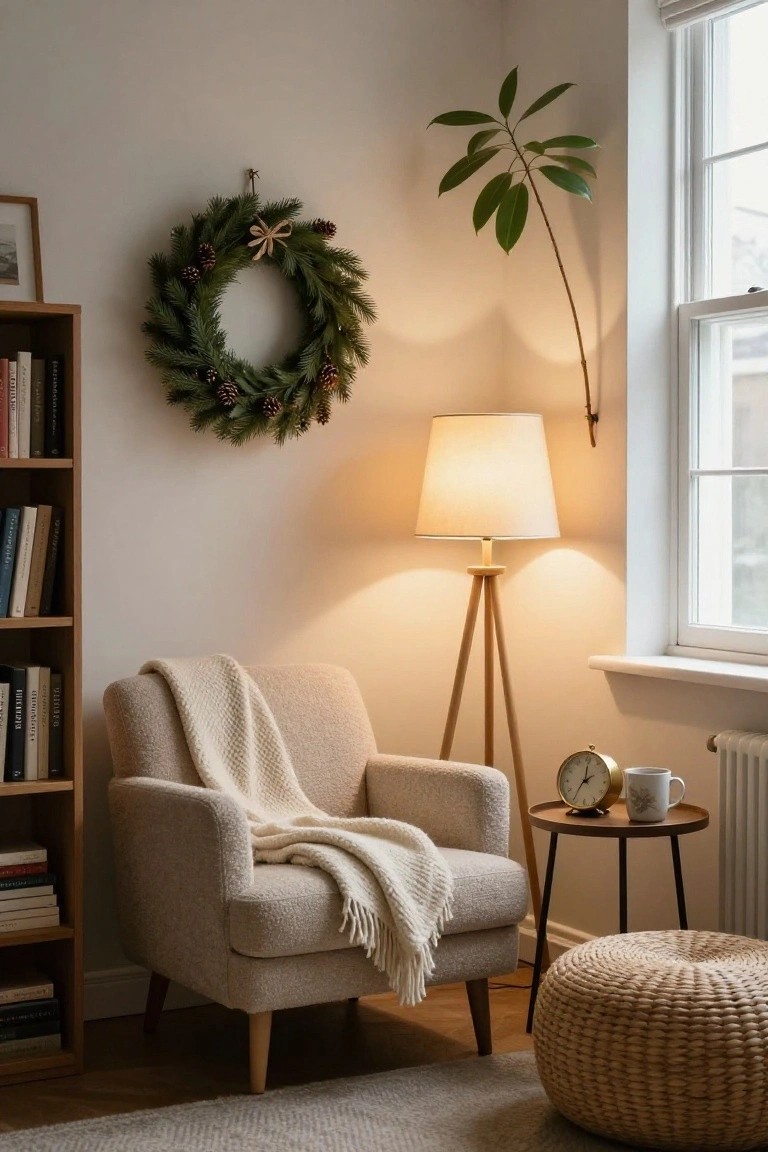 Tall navy bookshelf filled with colorful books and topped with a small Christmas wreath, next to a tan leather armchair with fur throw, brass arc lamp, wooden side table with two mugs, and window in a gray-walled room corner.