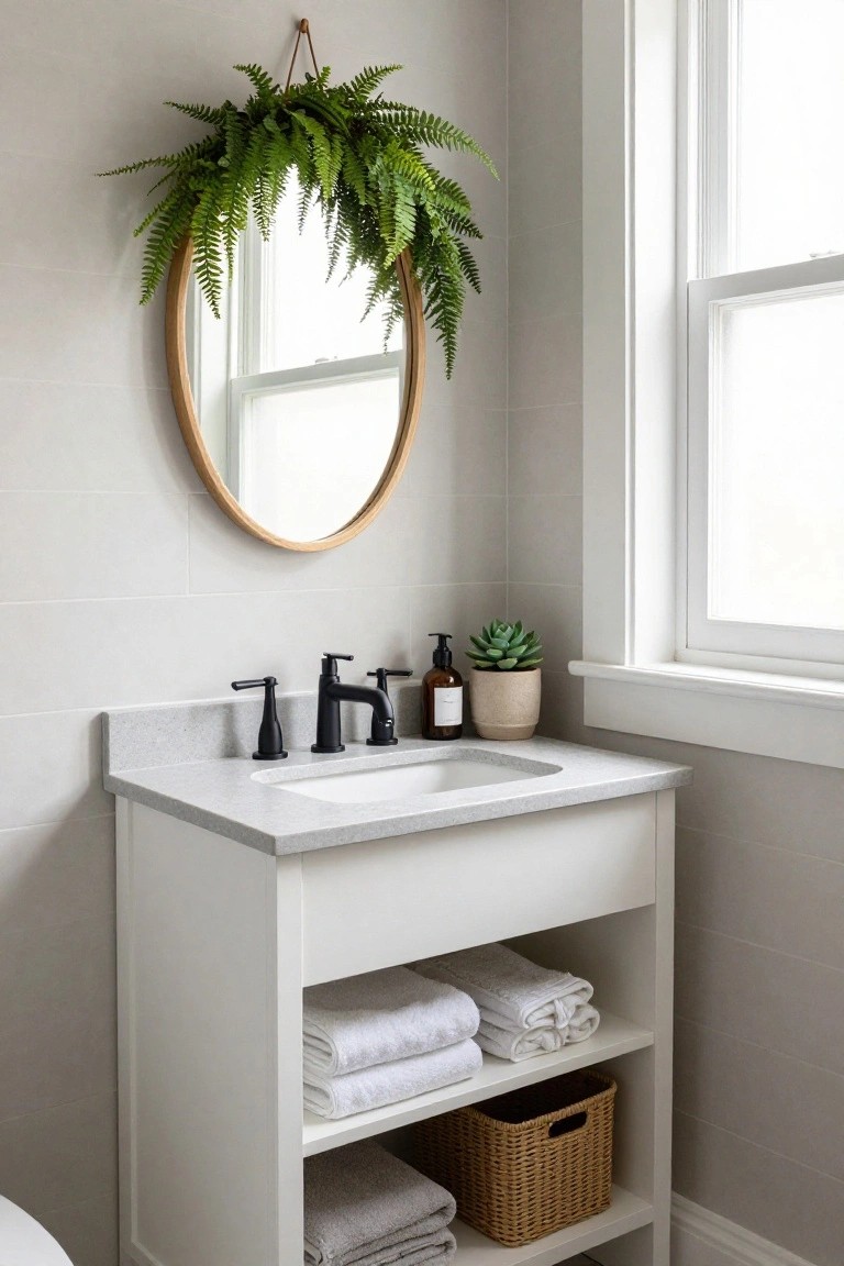 White open shelving with three labeled woven baskets containing laundry items, a small olive leaf wreath hanging from wooden knobs on a rail above a white farmhouse sink with black faucet, and white cabinets in a laundry room.