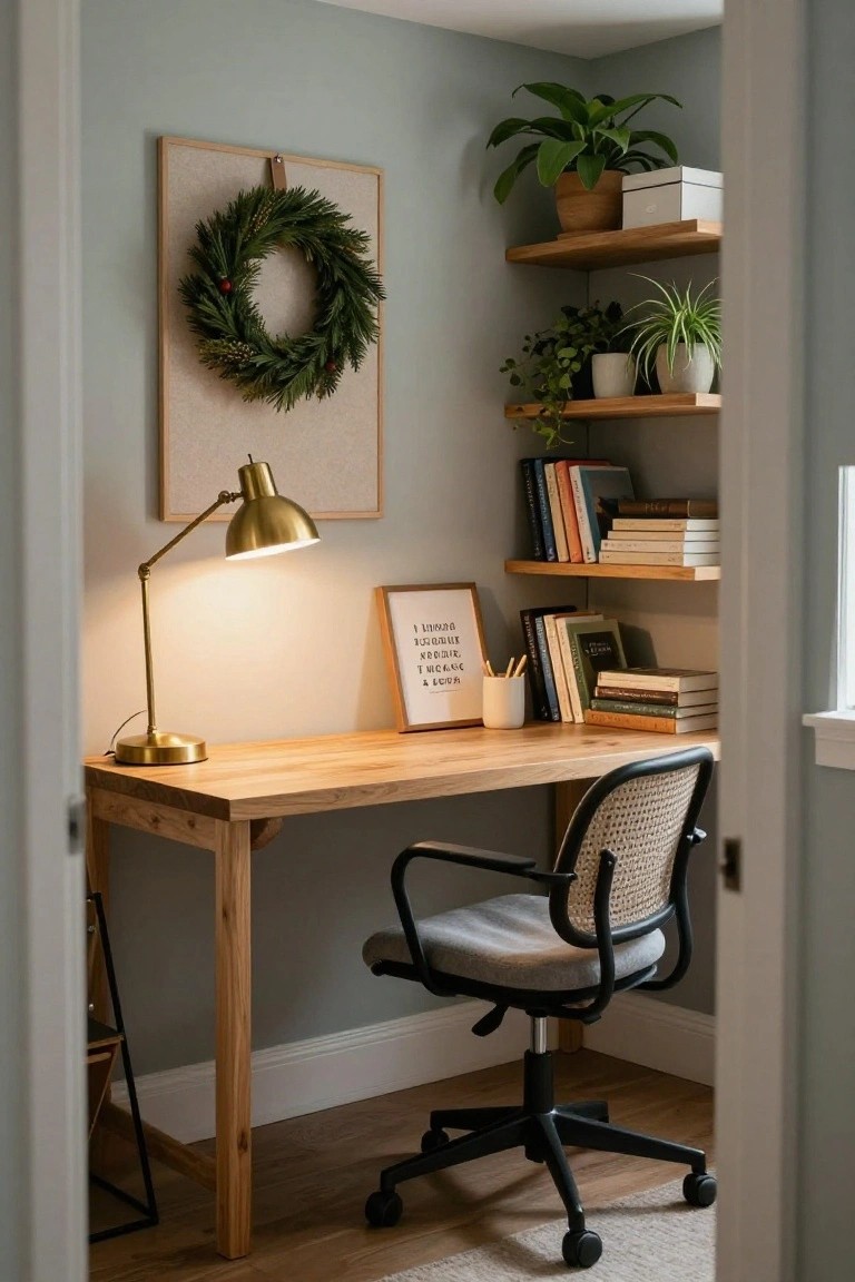 White paneled hallway with arched black mirror framed by small evergreen wreaths on leather straps, two additional mini wreaths hanging on adjacent walls, narrow black metal console table topped with gold candlesticks, lit white taper candle, and gray stone bowl containing nuts.