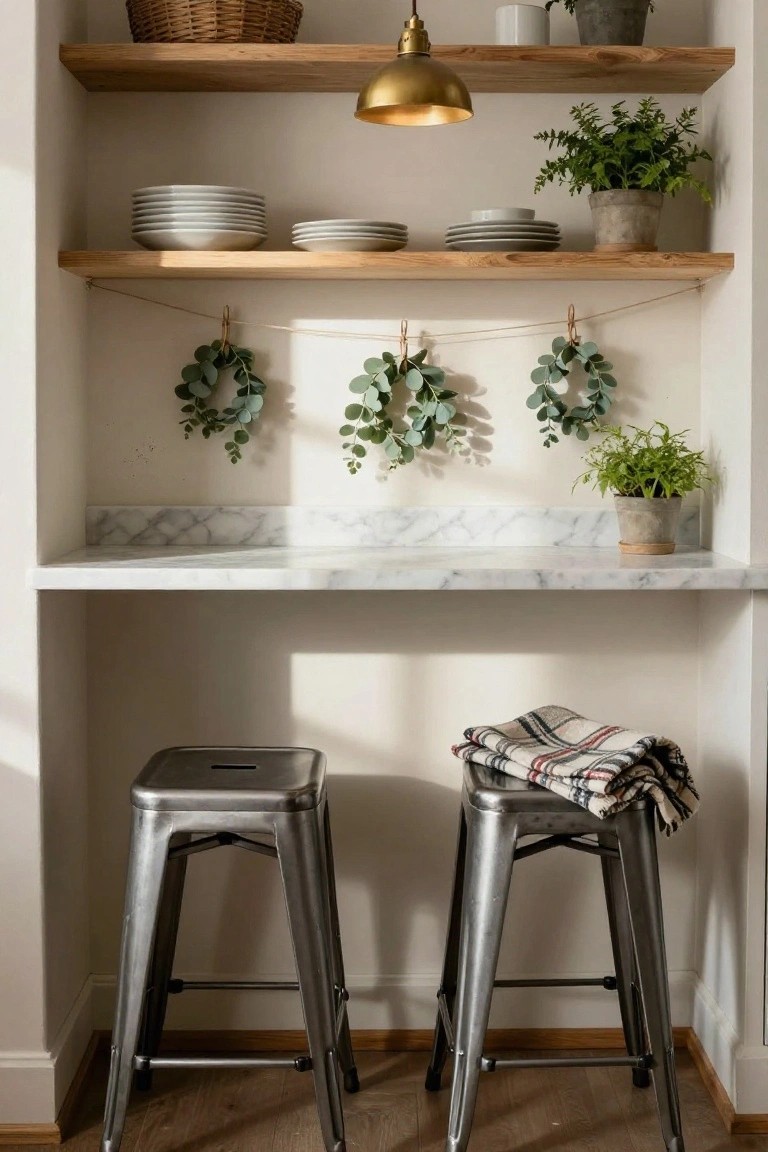 A small rosemary wreath with orange berries hangs from a brass hook attached to a gold-framed botanical print on a light gray wall above a rustic wooden shelf with a white enamel basin draped in linen towels and stacked linens.