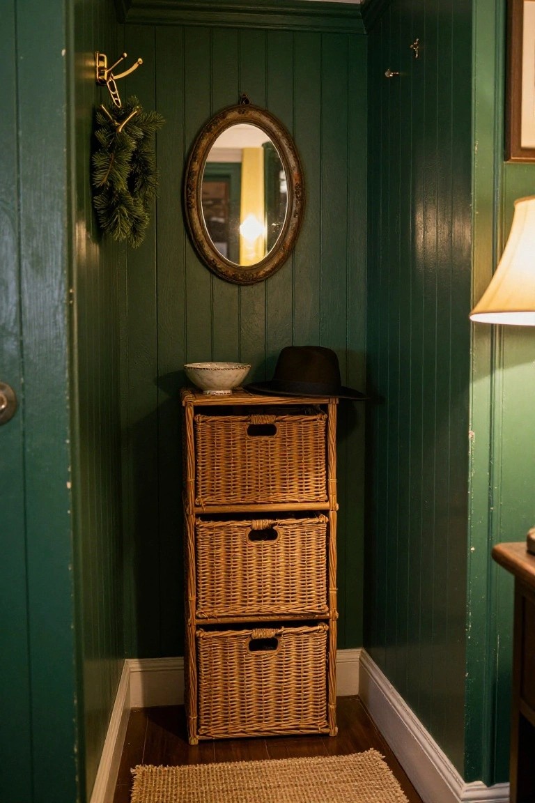 Close-up of a wooden desk in a light bedroom with open books, potted plant, gold lamp, rattan chair, bed in background, and a twig wreath pinned to a corkboard on the wall above the desk.